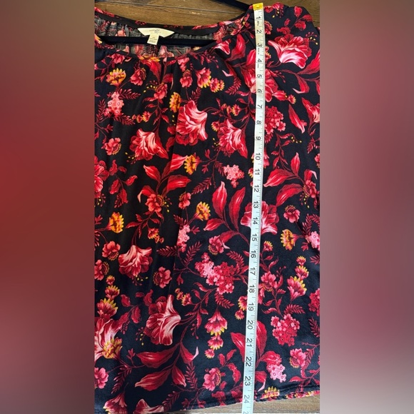 Terra & Sky 1X Floral Blouse Long Sleeve Red On Black Background Rayon Cotton - Picture 7 of 9